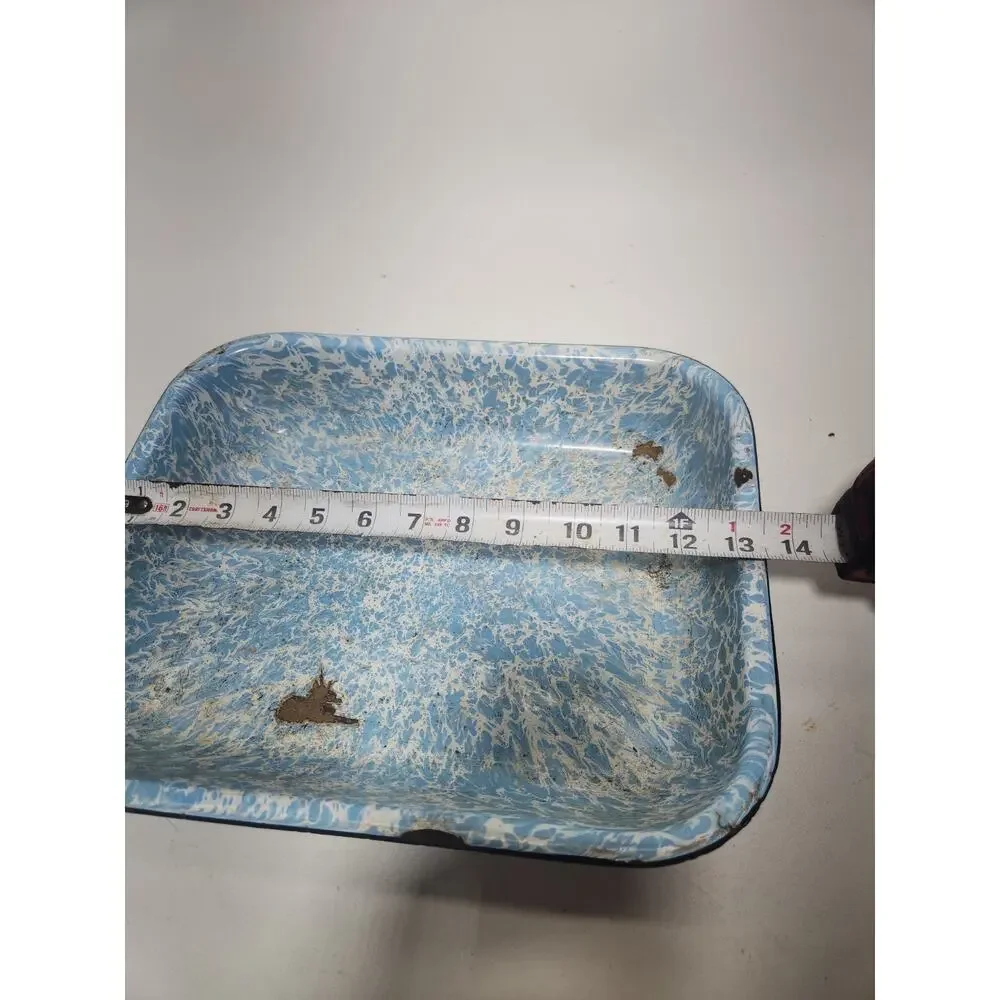 Vintage Blue White Swirl Enamelware Roasting Pan Graniteware Farmhouse Baking Tr